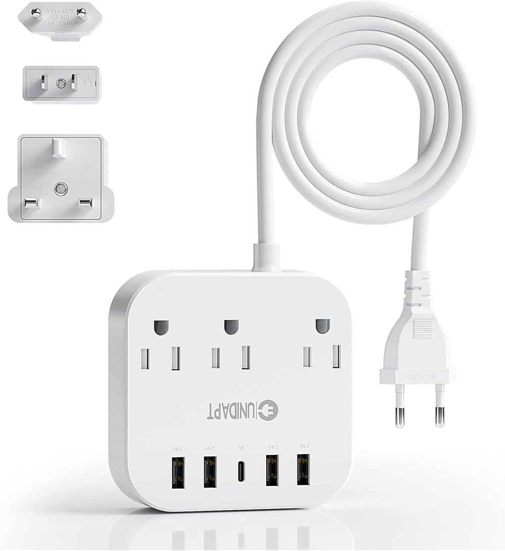European Plug Adapter, Unidapt US to UK Europe Power Strip for EU/UK/US with USB C and 4 USB Ports, 3 AC Outlets, Wall Mountable, 5ft Extension Cord, for Travel Cruise Ship Home
