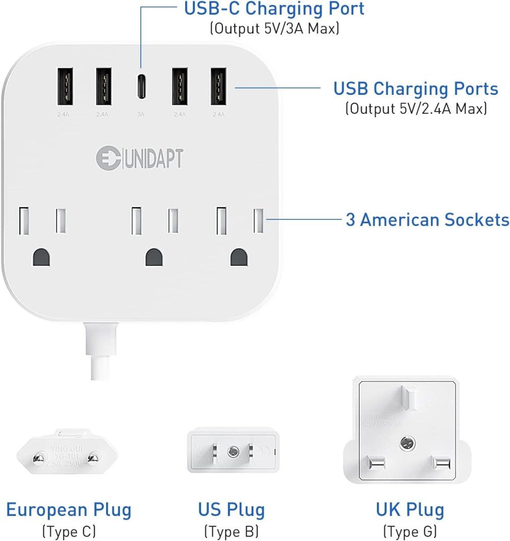 European Plug Adapter, Unidapt US to UK Europe Power Strip for EU/UK/US with USB C and 4 USB Ports, 3 AC Outlets, Wall Mountable, 5ft Extension Cord, for Travel Cruise Ship Home - Image 2