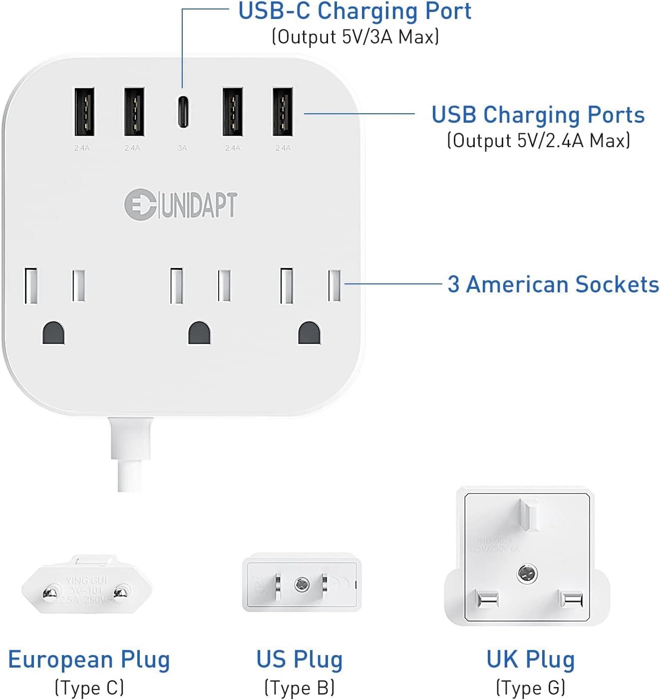 European Plug Adapter, Unidapt US to UK Europe Power Strip for EU/UK/US with USB C and 4 USB Ports, 3 AC Outlets, Wall Mountable, 5ft Extension Cord, for Travel Cruise Ship Home - Image 2