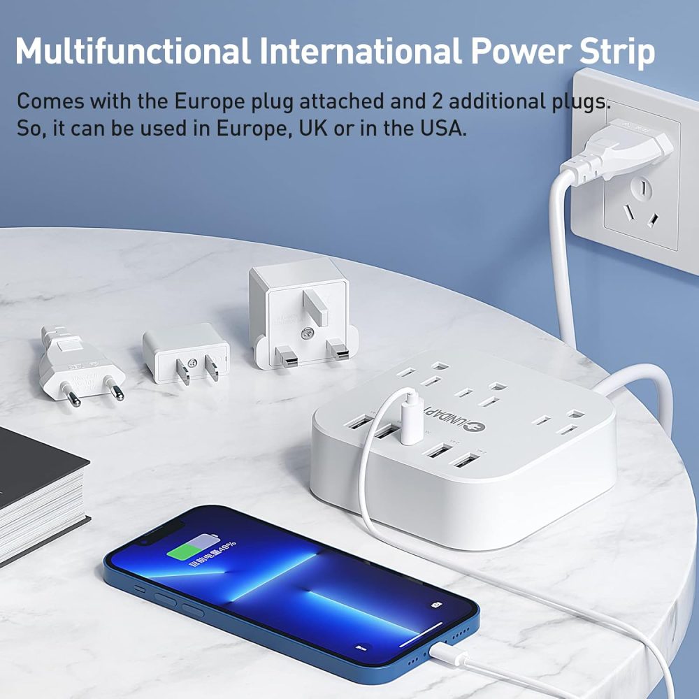 European Plug Adapter, Unidapt US to UK Europe Power Strip for EU/UK/US with USB C and 4 USB Ports, 3 AC Outlets, Wall Mountable, 5ft Extension Cord, for Travel Cruise Ship Home - Image 4