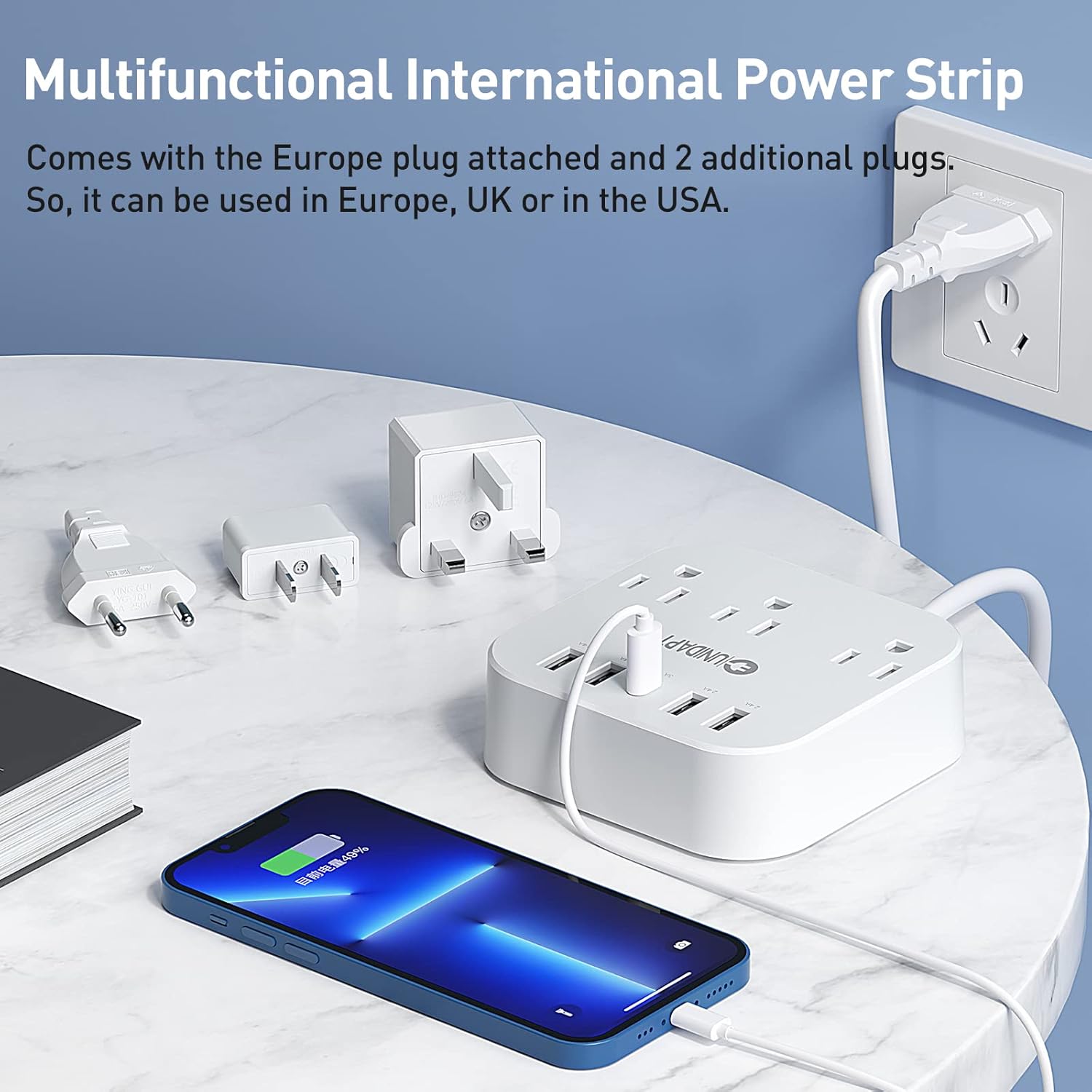 European Plug Adapter, Unidapt US to UK Europe Power Strip for EU/UK/US with USB C and 4 USB Ports, 3 AC Outlets, Wall Mountable, 5ft Extension Cord, for Travel Cruise Ship Home - Image 4