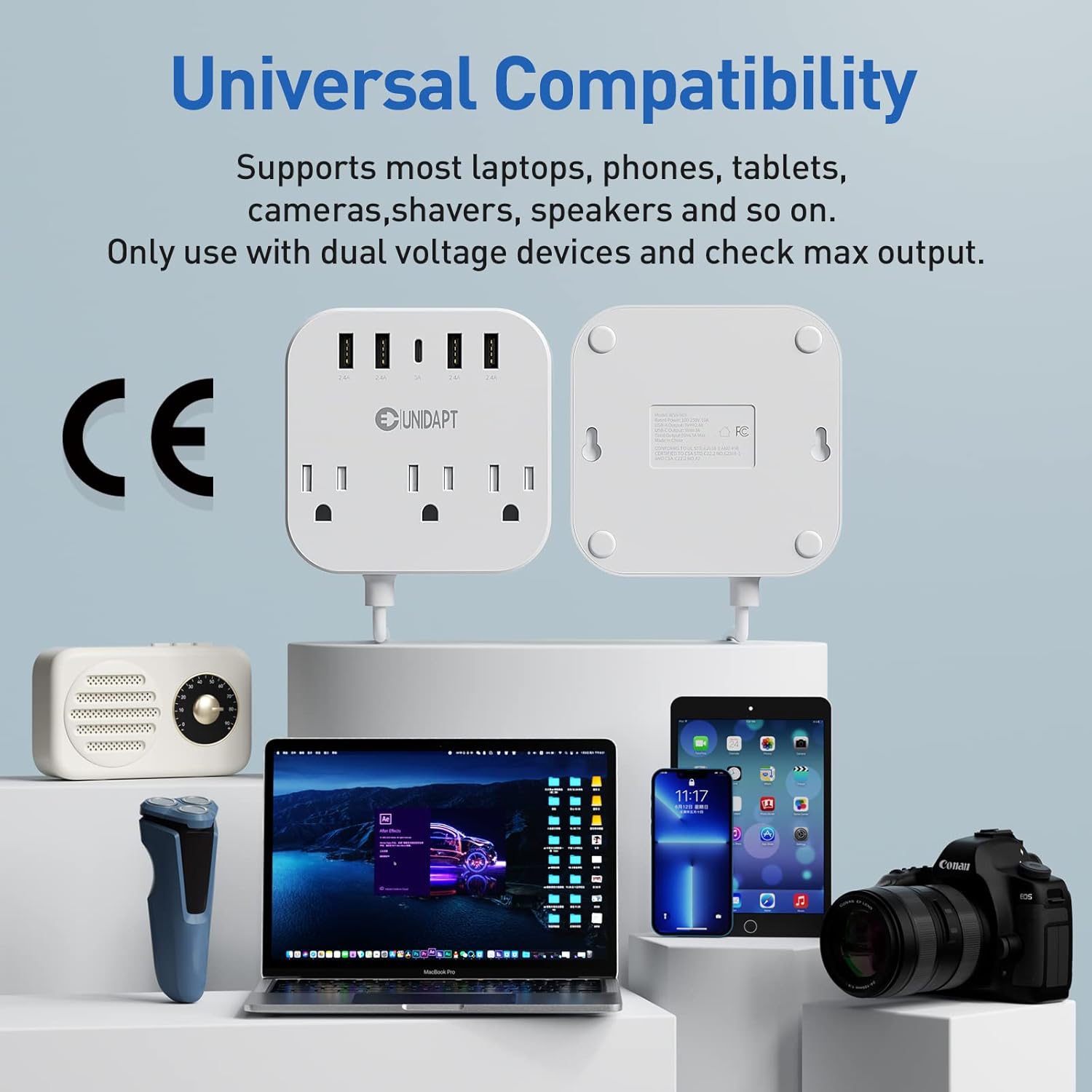 European Plug Adapter, Unidapt US to UK Europe Power Strip for EU/UK/US with USB C and 4 USB Ports, 3 AC Outlets, Wall Mountable, 5ft Extension Cord, for Travel Cruise Ship Home - Image 5