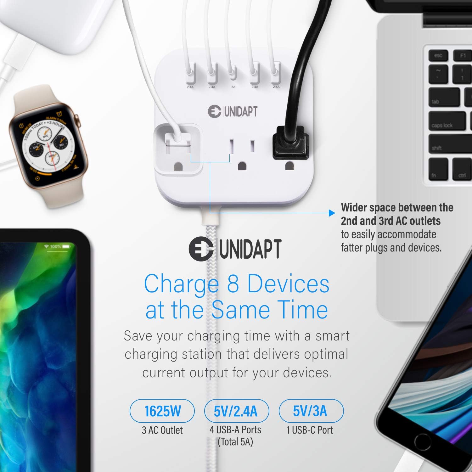European Plug Adapter, Unidapt US to UK Europe Power Strip for EU/UK/US with USB C and 4 USB Ports, 3 AC Outlets, Wall Mountable, 5ft Extension Cord, for Travel Cruise Ship Home - Image 6