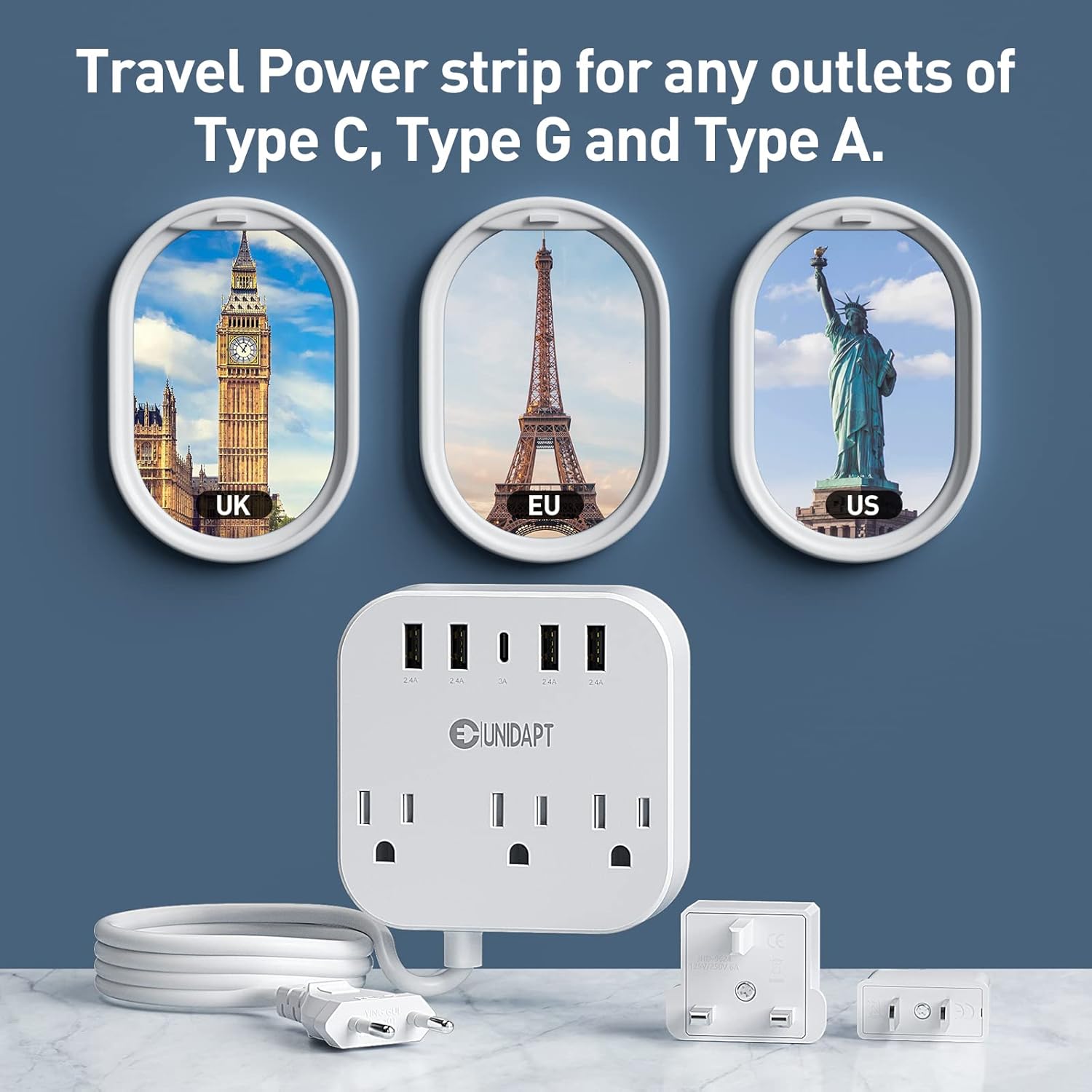 European Plug Adapter, Unidapt US to UK Europe Power Strip for EU/UK/US with USB C and 4 USB Ports, 3 AC Outlets, Wall Mountable, 5ft Extension Cord, for Travel Cruise Ship Home - Image 7