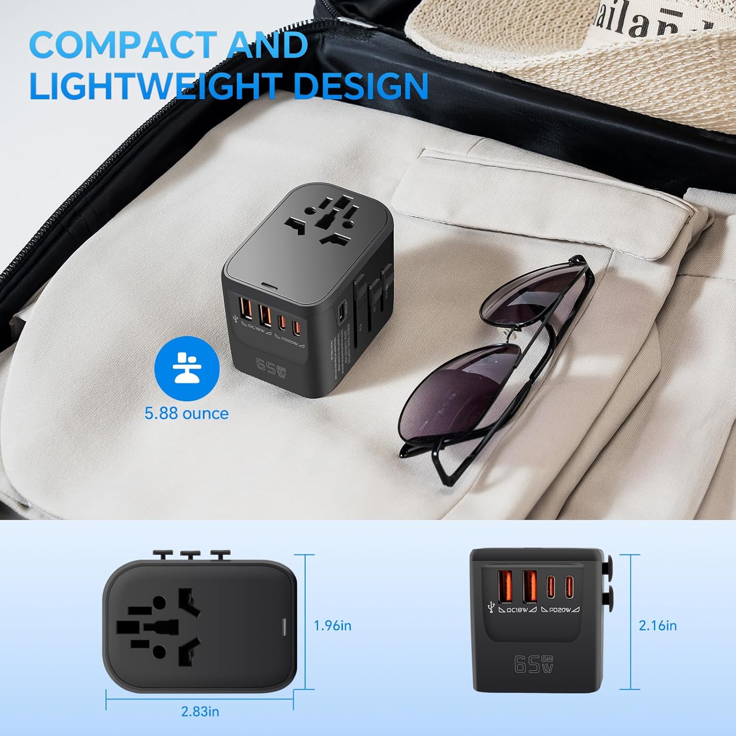 MINGTONG Universal Travel Adapter, GaN 65W International Plug Adapter, 3 PD USB-C & 2 QC USB-A Fast Charging Ports, Worldwide Power Adaptor Wall Charger for EU US UK AUS 200+ Countires - Image 7